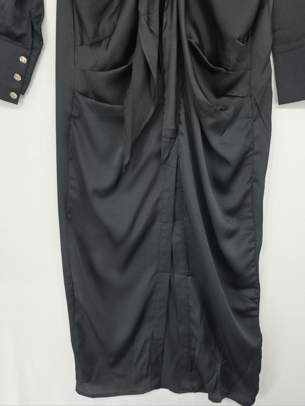 Mable Black Satin Tie Front Shirt Dress Small Midi Front Slit Long Sleeve NWOT - Picture 4 of 12